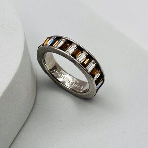 Henri Bendel Silver Tone Crystals Logo Ring Size 7